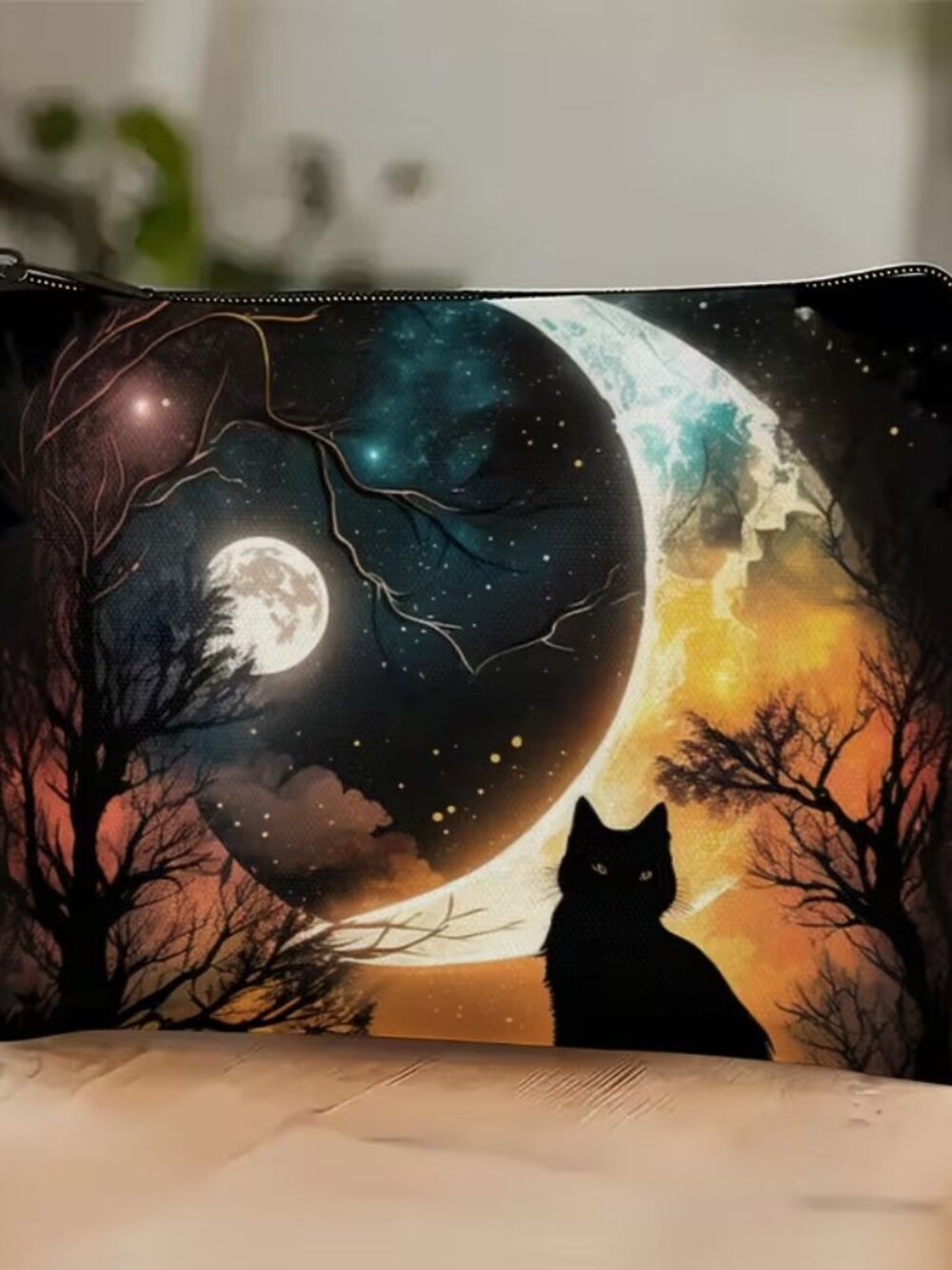 Halloween Dark Goth Moon & Black Cat Makeup Bag Double-Sided 7h" x 10"w